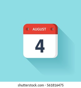 August 4. Isometric Calendar Icon With Shadow.Vector Illustration,Flat Style.Month and Date.Sunday,Monday,Tuesday,Wednesday,Thursday,Friday,Saturday.Week,Weekend,Red Letter Day. Holidays 2017.