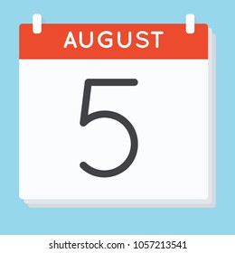 August 5. Calendar icon. Vector illustration in flat design isolated in blue background. Date and time, day, month.