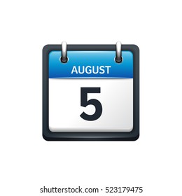 August 5. Calendar icon.Vector illustration,flat style.Month and date.Sunday,Monday,Tuesday,Wednesday,Thursday,Friday,Saturday.Week,weekend,red letter day. 2017,2018 year.Holidays.