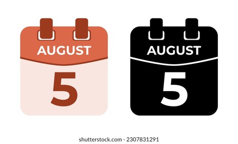 August 5 flat daily spiral calendar icon date in two vector mode, matching color and black fill. Perfect for design material, such as event or reminder. The best editable graphic resources.