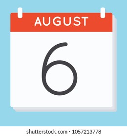 August 6. Calendar icon. Vector illustration in flat design isolated in blue background. Date and time, day, month.