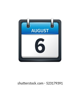 August 6. Calendar icon.Vector illustration,flat style.Month and date.Sunday,Monday,Tuesday,Wednesday,Thursday,Friday,Saturday.Week,weekend,red letter day. 2017,2018 year.Holidays.