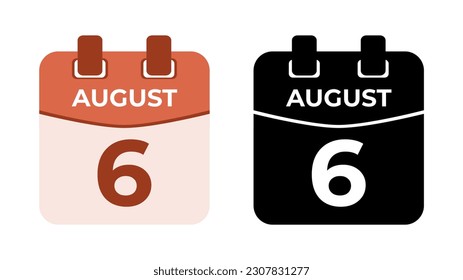 August 6 flat daily spiral calendar icon date in two vector mode, matching color and black fill. Perfect for design material, such as event or reminder. The best editable graphic resources.
