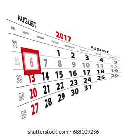 August 6, highlighted on 2017 calendar. Week starts from Sunday. Vector Illustration.