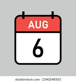6 de agosto, página del calendario de color rojo y blanco con contorno negro, ilustración del vector de fecha de calendario