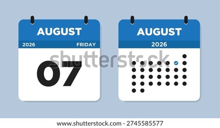 August 7 2026 (Friday) Calendar page Vector Illustration. 7 August calendar page. Day calendar with date August 7. Modern Calendar template icon. Week Starts on Sunday.