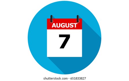 august 7 blue calendar vector flat icon with long shadow