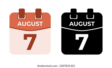 August 7 flat daily spiral calendar icon date in two vector mode, matching color and black fill. Perfect for design material, such as event or reminder. The best editable graphic resources.