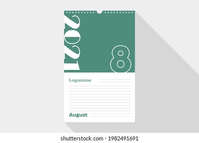 August 8 Calendar 2021 on notebook paper white and green background with your logo