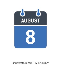 8 de agosto Icono de fecha de calendario, icono de fecha de evento, fecha de calendario, gráfico de vectores de diseño de iconos