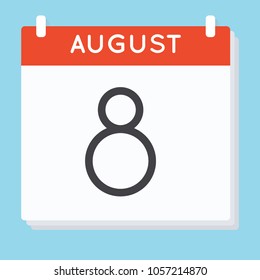 August 8. Calendar icon. Vector illustration in flat design isolated in blue background. Date and time, day, month.