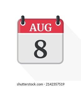 Icono del Calendario 8 de Agosto. Icono de calendario con fondo blanco. Estilo plano. Fecha, día y mes.