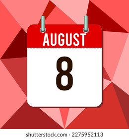 8 de agosto, ilustración vectorial de calendario, aislada en el fondo de triángulos monocromáticos coloridos