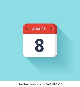 August 8. Isometric Calendar Icon With Shadow.Vector Illustration,Flat Style.Month and Date.Sunday,Monday,Tuesday,Wednesday,Thursday,Friday,Saturday.Week,Weekend,Red Letter Day. Holidays 2017.