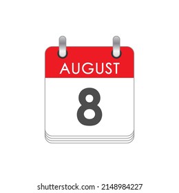 8 de agosto. Una hoja del calendario inverso con la fecha del 8 de agosto. Estilo plano.