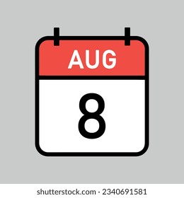 August 8, red and white color calendar page with black outline, calendar date vector illustration