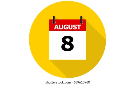 august 8 yellow calendar vector flat icon with long shadow