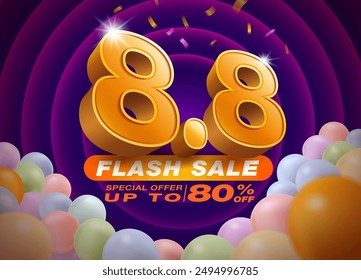 August 8.8 Flash Discount Sale. Party balloon elements for banner template on dark circle background. 80 percent off special offer for coupons, invitations, social media and online shopping.