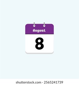 August 8th: Calendar Icon, Date, Day, Month, Number, Purple, Design, Simple, Minimalist, Illustration