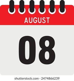 August, 8th calendar icon vector, concept of schedule, business, and tasks