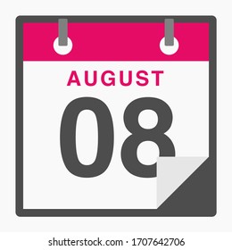 8 de agosto Calendario de icono plano aislado en fondo blanco. Ilustración del vector