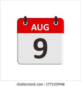 Icono del Calendario del 9 de Agosto. Icono de calendario con fondo blanco. Estilo plano. Fecha, día y mes.