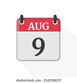 Icono del Calendario del 9 de Agosto. Icono de calendario con fondo blanco. Estilo plano. Fecha, día y mes.