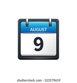 August 9. Calendar icon.Vector illustration,flat style.Month and date.Sunday,Monday,Tuesday,Wednesday,Thursday,Friday,Saturday.Week,weekend,red letter day. 2017,2018 year.Holidays.