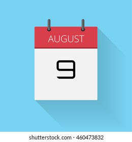 August 9, Daily calendar icon, Date and time, day, month, Holiday, Flat designed Vector Illustration