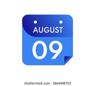 August 9 Date on a Single Day Calendar in Flat Style, 9 August calendar icon