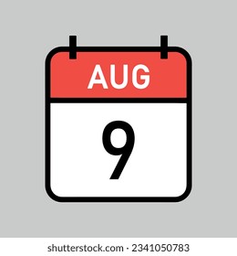 9 de agosto, página del calendario de color rojo y blanco con contorno negro, ilustración del vector de fecha de calendario