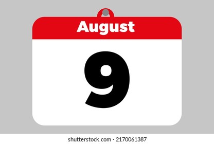August, 9. White and red calendar.
