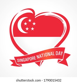 August 9th Singapore National Day, love emblem with flag. 54 years Singapore's independence day celebration republic, graphic for tourism design element vector illustration