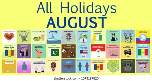 August. All Holidays greeting cards. Vector Template Pack. 