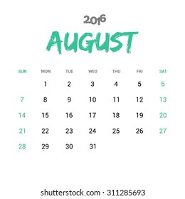 August Calendar 2016 Vector Design Template. Week Starts Sunday. vector illustration