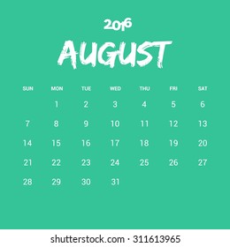 August Calendar 2016 Vector Design Template. Week Starts Sunday. vector illustration