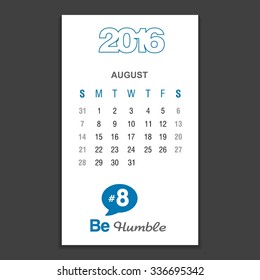 August Calendar 2016 Vector Design Template. Week Starts Sunday. vector illustration