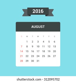 August Calendar 2016. Vector flat design template, ready to print