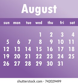 August calendar 2018.  Week starts on Sunday. Business vector illustration  template for one month 2018 years.