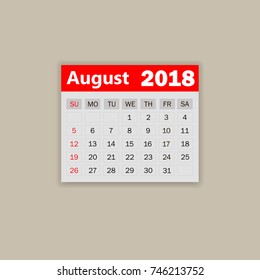 August calendar 2018.  Week starts on Sunday. Business vector illustration  template for one month 2018 years.