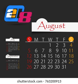 August: Calendar for 2018 year, editable template poster and calendar design, vector illustration...