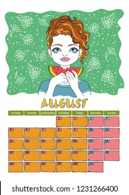 August. Calendar 2019. Month. Beautiful girl. Cartoon. Isolated vector object on white background.