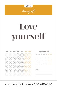 August, Calendar 2019 with Quotes and Notes. Clean Calendar Template, Very easy to use and customize and Ready for print