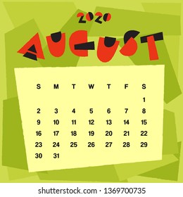 August : Calendar 2020 Template, monthly calendar with abstract background : Vector Illustration