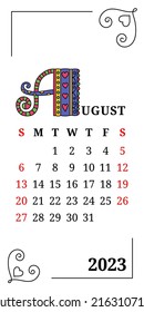 August. Calendar 2023. Lettering. Week starts on Sunday. English template
