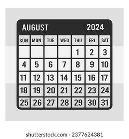 August Calendar, 2024 Calendar, Monthly Calendar, Vector Eps Cut Files