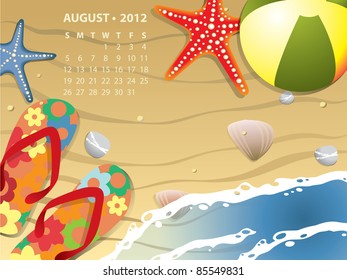 August calendar - Beach with starfish and ball