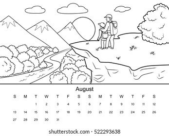 August calendar with coloring book image. Black and white drawing. Cartoon hand drawn vector illustration