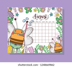 august calendar with cute bees animal