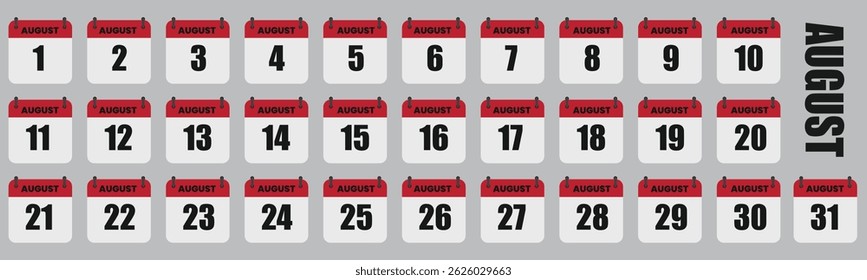 August Calendar Days Full Month Set, Dates 1st to 31st Vector Illustration